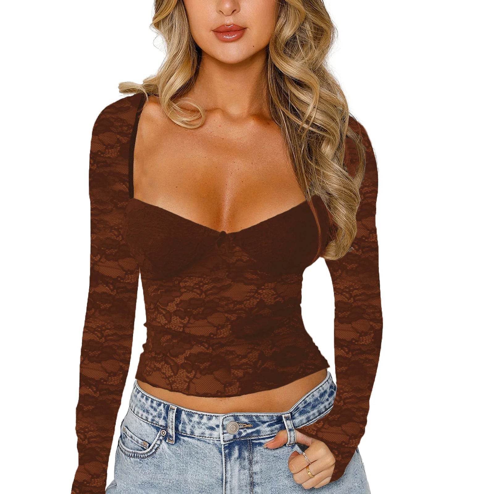 Women's Long Sleeve Lace Crop Top Y2K Slim Fit Club Tee