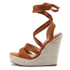 Women's Lace-Up Summer Wedge Sandals Peep Toe Straw High Heels