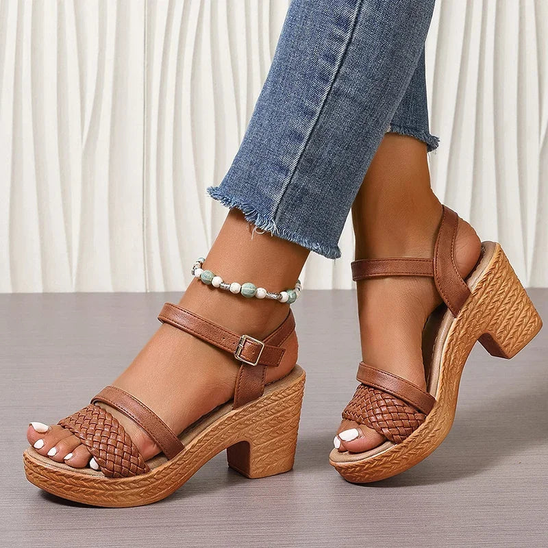 Women's Weave High Heels Sandals Thick Platform Ankle Strap Shoes