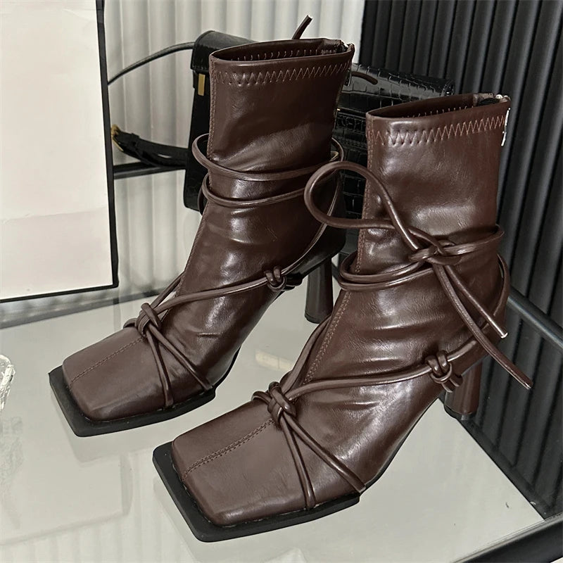 Women's Black Cross-Strap Ankle Boots Punk Style High Heels