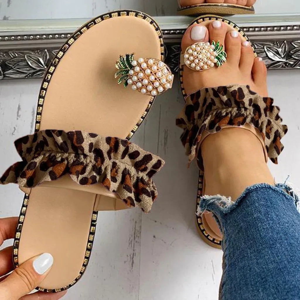 Women's Bohemian Pineapple Pearl Flat Toe Beach Sandals