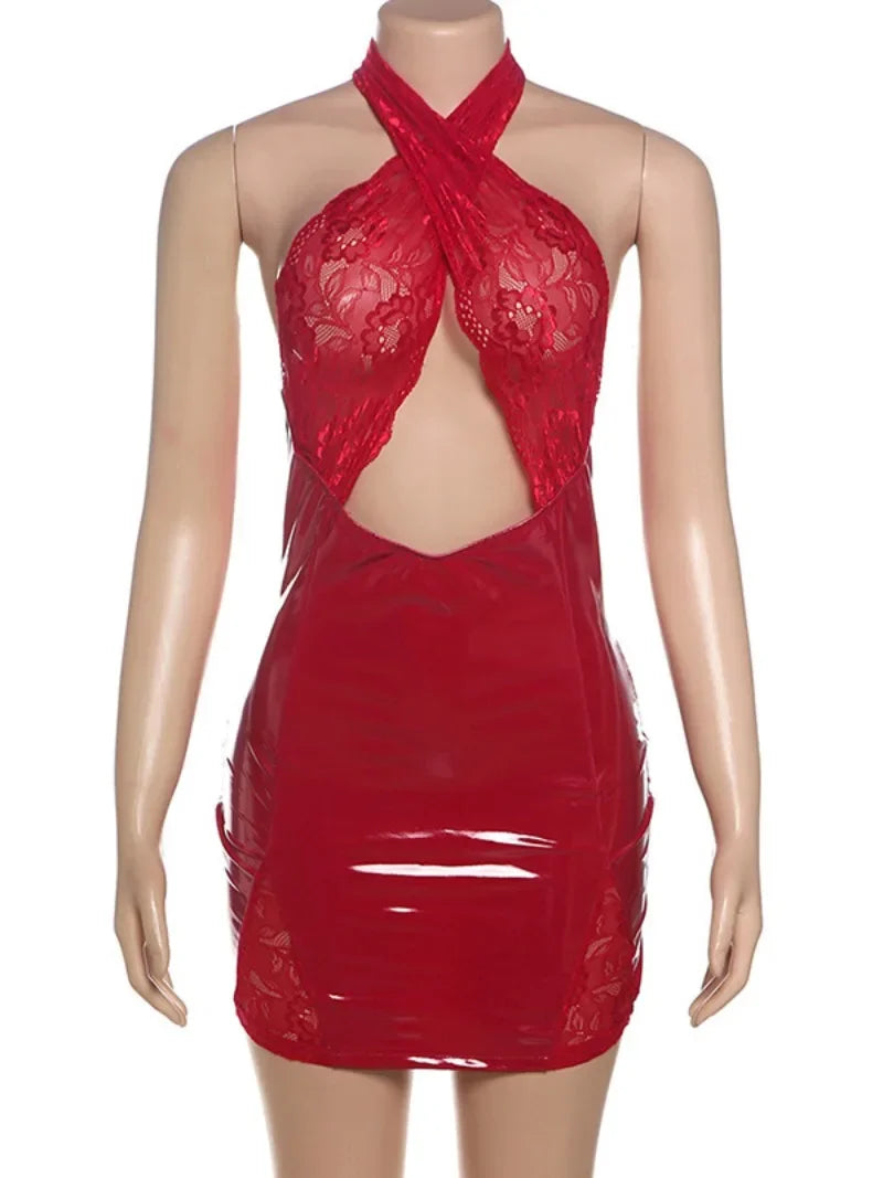 Red Lace Halter Neck Backless PU Leather Mini Dress for Parties