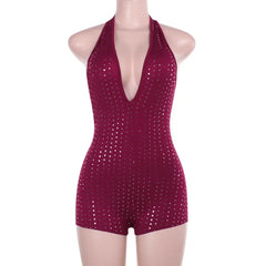 Wine Red Deep V-Neck Backless Lace-Up Romper Bodysuit