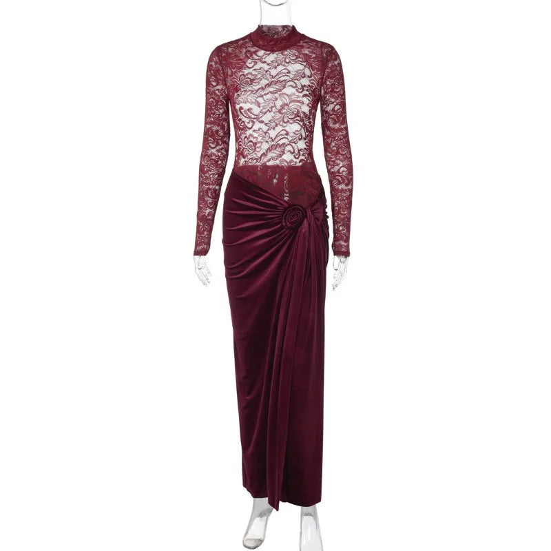 Women's Mesh See-Through Lace Maxi Skirt Jumpsuit Suit