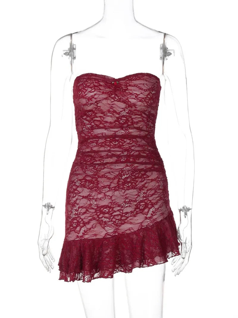 Wine Red Strapless Ruffled Lace Mini Dress for Evening Parties