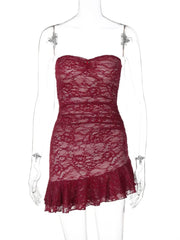 Wine Red Strapless Ruffled Lace Mini Dress for Evening Parties