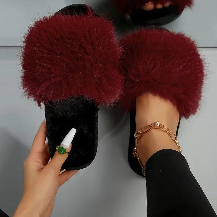 Women's Fluffy Plush Fur Slippers for Outdoor Use, Anti-Slip Design