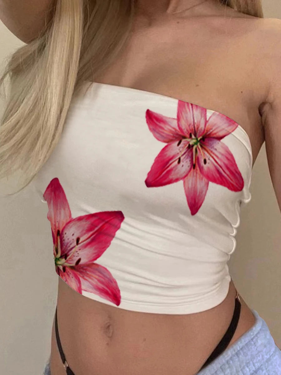 Floral Print Strapless Smocked Crop Top for Women in Summer Style