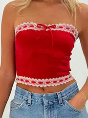 Women's Satin Slim Tube Top with Lace Trim and Bow Detail