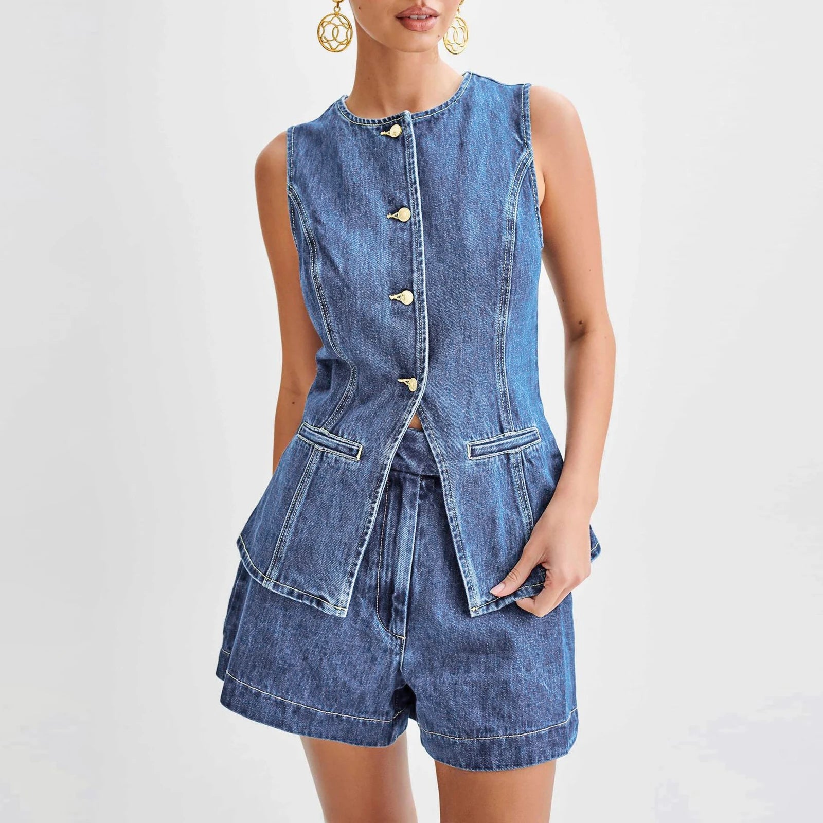 Women's Denim 2 Piece Casual Blazer Vest and Shorts Outfit