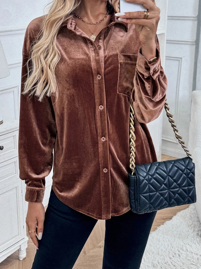 Women's Elegant Long Sleeved Velvet Cardigan Top with Lapel Collar