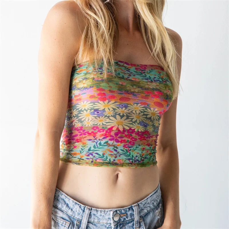 Women's Vintage Floral Print Bandeau Crop Top Slim Fit Backless