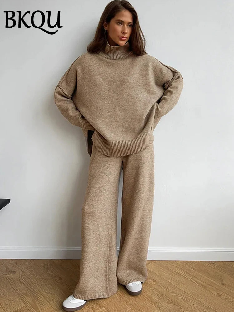 Women's Loose Warm Turtleneck Pullover and Wide Leg Pants Set