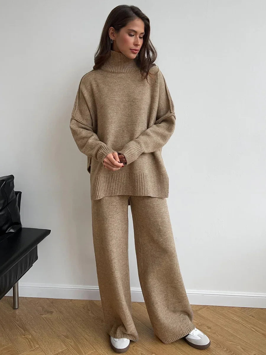 Ensemble pull à col roulé et pantalon ample et décontracté pour femme