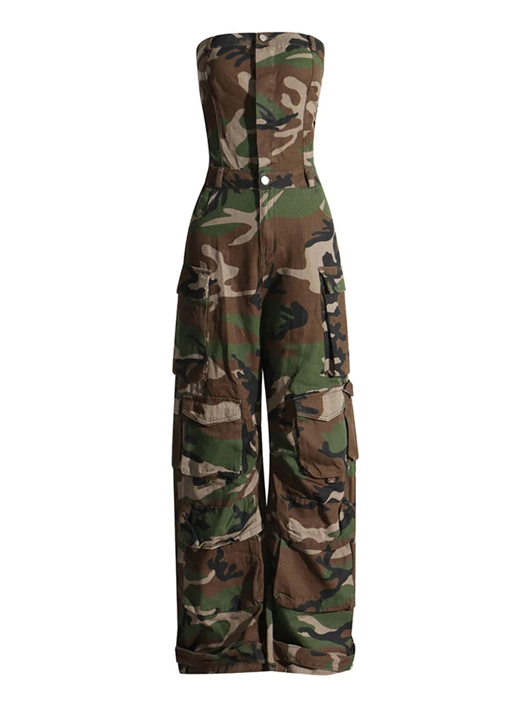 Women’s Camouflage Patchwork Sleeveless High Waist Jumpsuit