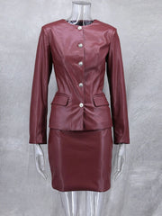 Women's Red Leather Skirt Set with O-Neck Long Sleeve Jacket