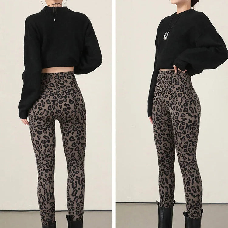 High Waisted Warm Velvet Leopard Sharkskin Leggings for Women