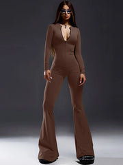 Women's Black Zipper Half Turtleneck Jumpsuit with Bell-Bottom Pants