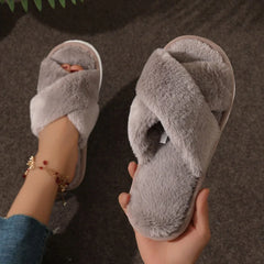 Women's Soft Plush Cross Strap Fur Slippers for Indoor Comfort