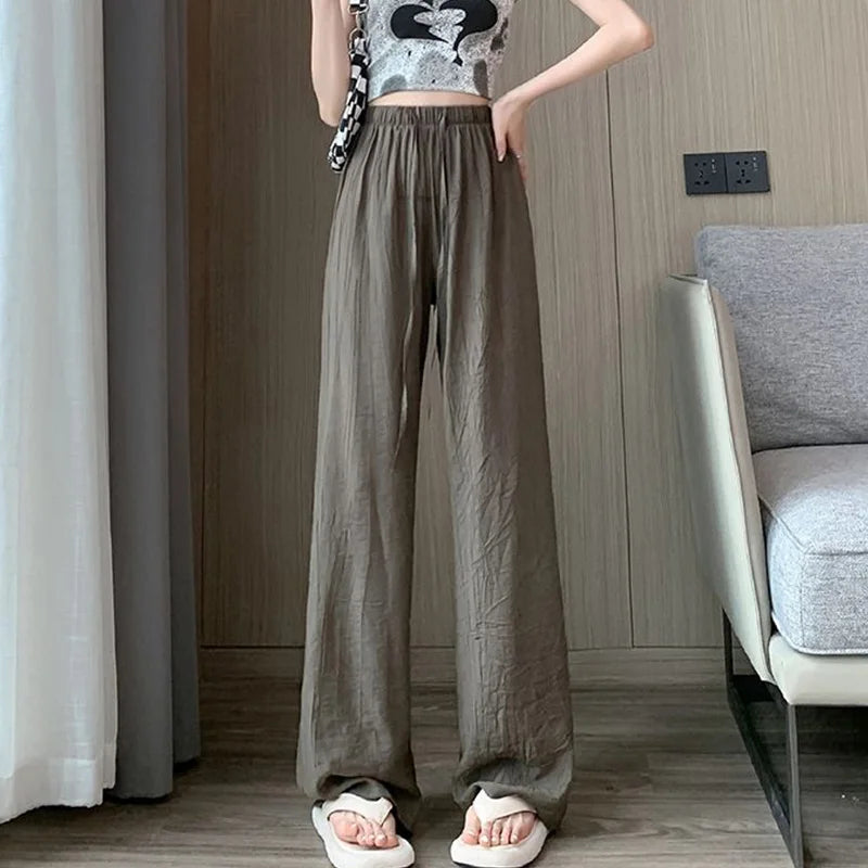 Trendy Pleated Ice Silk Wide Leg Pants for Women Casual Trousers