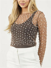 Elegant Sheer Lace Mesh Crop Top with Pearls for Women