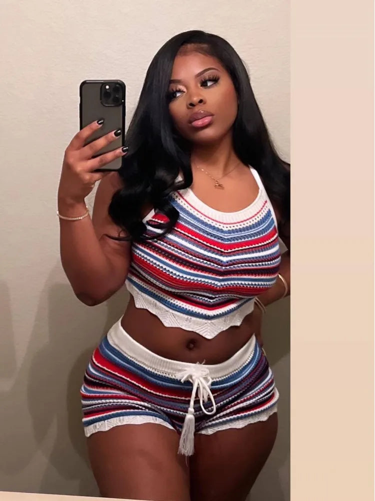 Colorful Striped Knit 2 Piece Set for Women with Crop Top and Shorts