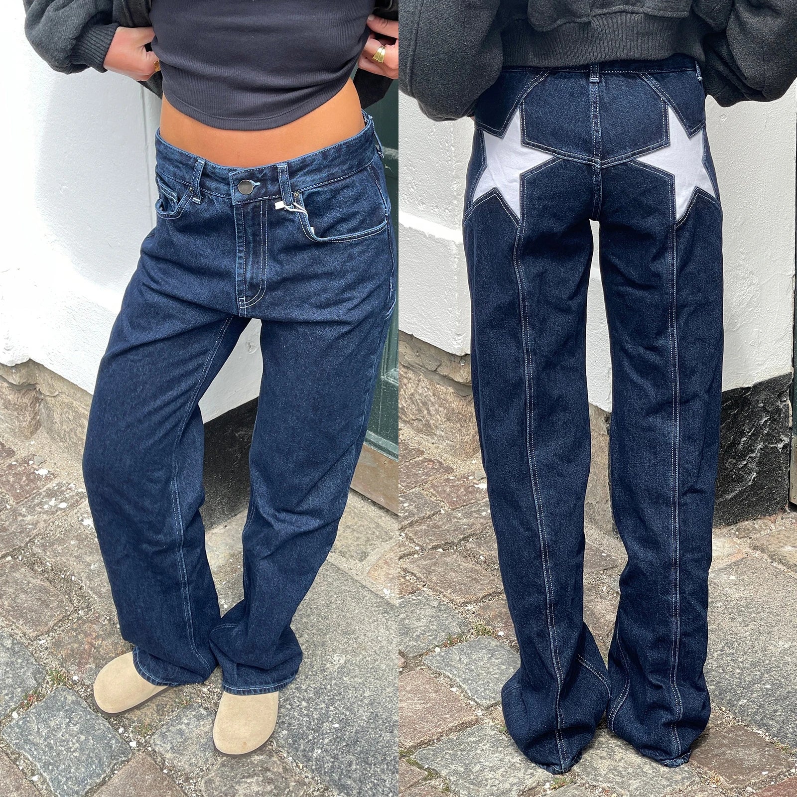 Women's Vintage Star Pattern Loose Straight Leg Denim Pants