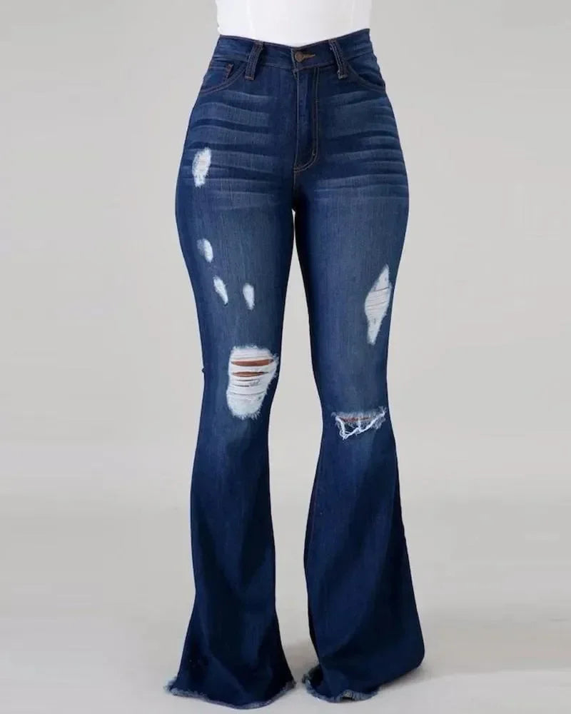 Pantalon en jean évasé taille haute avec détails déchirés pour femme 