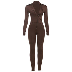 Women's Spring Long Sleeve Zipper Tight Hip Jumpsuit in Black