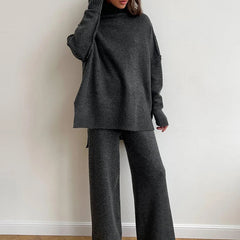 Women's Loose Warm Turtleneck Pullover and Wide Leg Pants Set