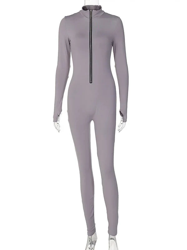 Women's Solid Long Sleeve Zipper Jumpsuit for Fitness and Parties