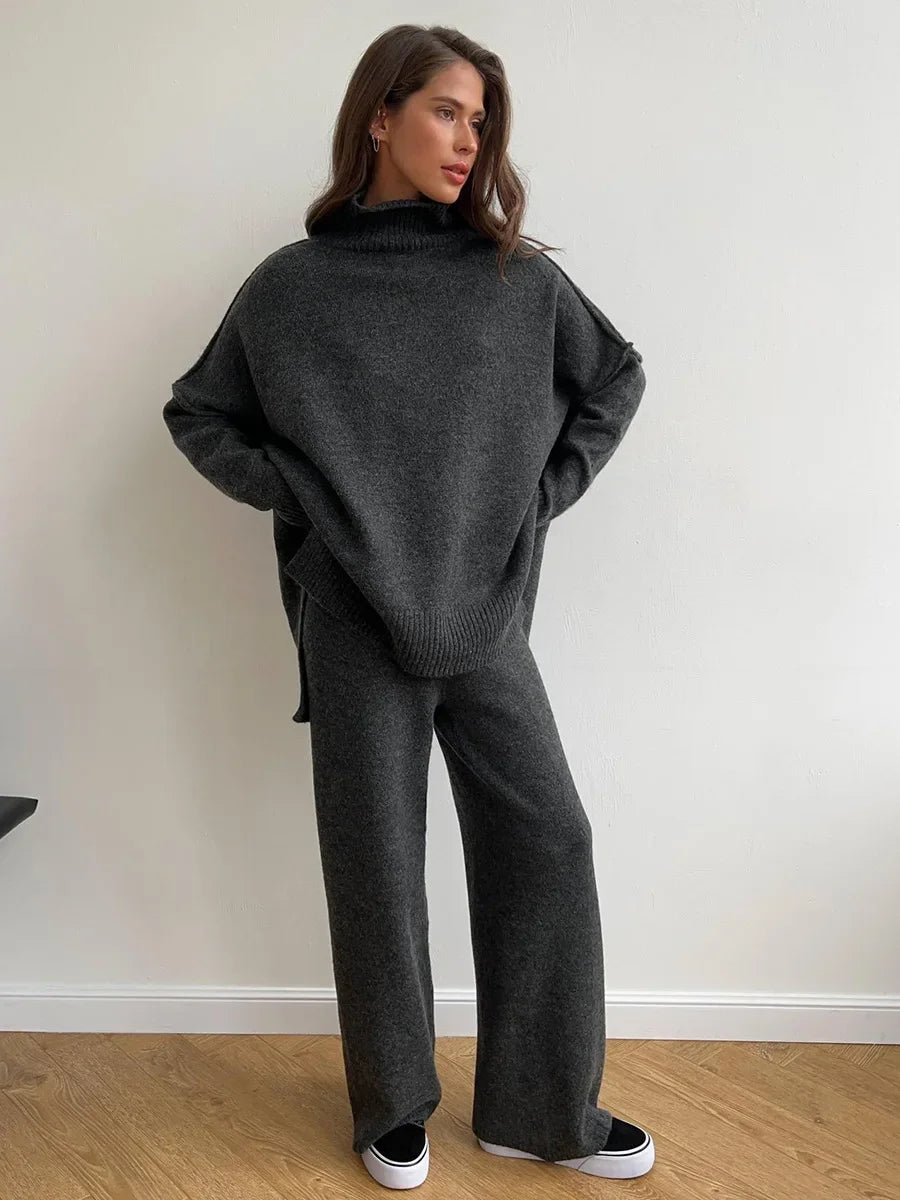 Ensemble pull à col roulé et pantalon ample et décontracté pour femme