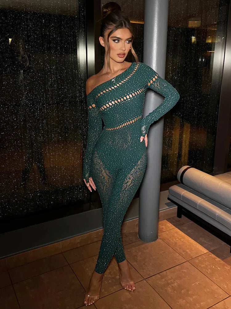 Off Shoulder Long Sleeve Rhinestone Jumpsuit for Women