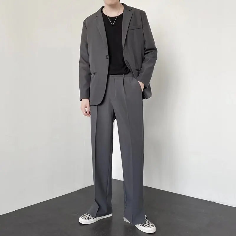 Men's Straight Wide-Leg Blazer Pants – Casual Fit, Split Hem, Streetwear Trousers