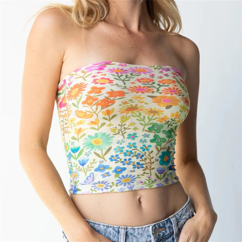 Haut court bandeau à imprimé floral vintage pour femme, coupe slim, dos nu 