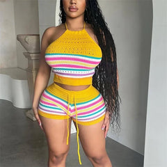 Women's Rainbow Striped Knitted Sleeveless Casual Two Piece Set