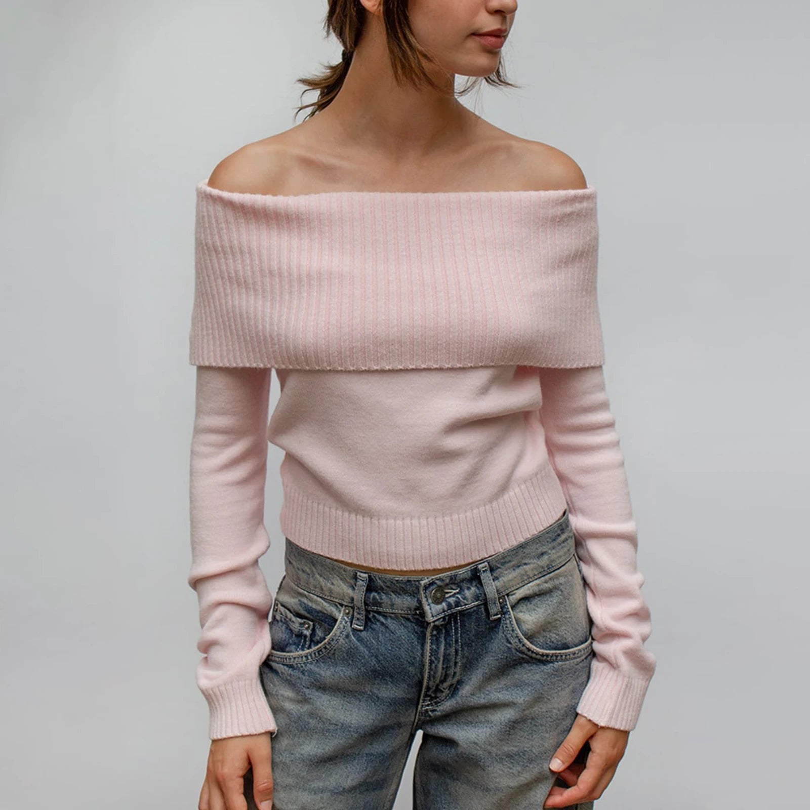 Women Off The Shoulder Knit Cropped Pullover Sweater Top