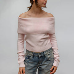 Women Off The Shoulder Knit Cropped Pullover Sweater Top