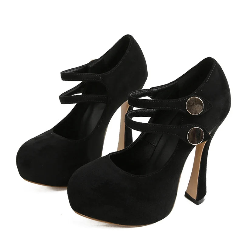 Women's Black Double Buckle Strap Platform Pumps with Round Toe