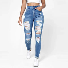 Ripped Holes Casual Skinny Jeans with Slash Pockets and Distressed Style