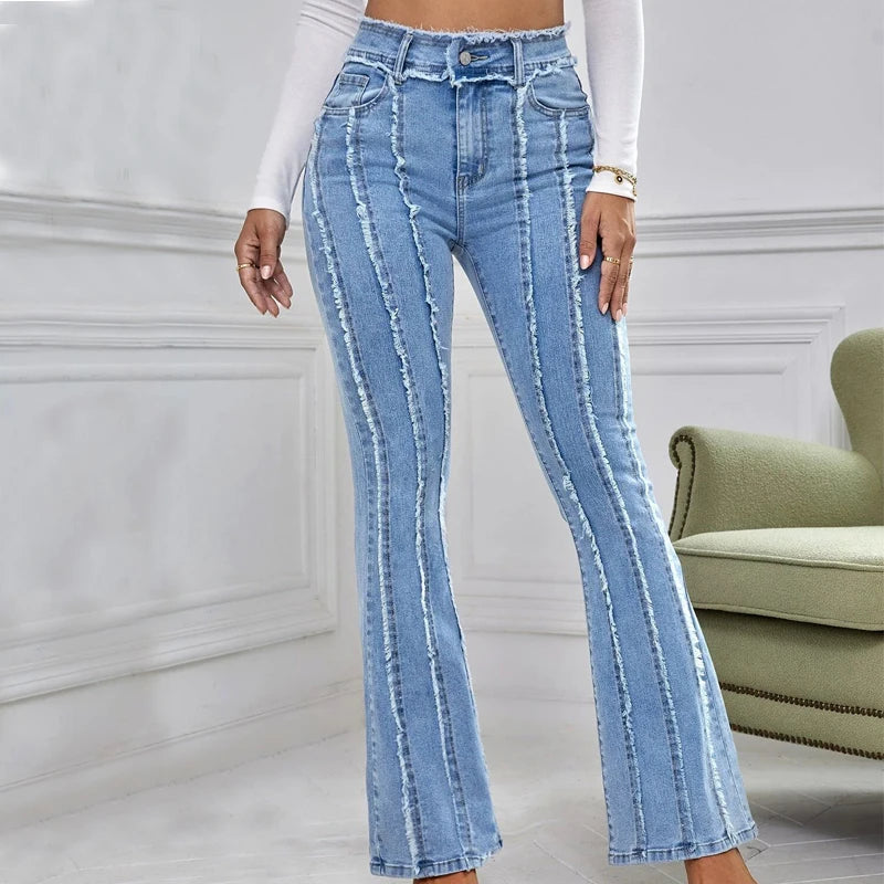 Women's Vintage Washed High Waist Flare Jeans in Blue Denim