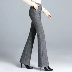 Office Lady Fashion Thicken Wool High Waist Flare Pants Women