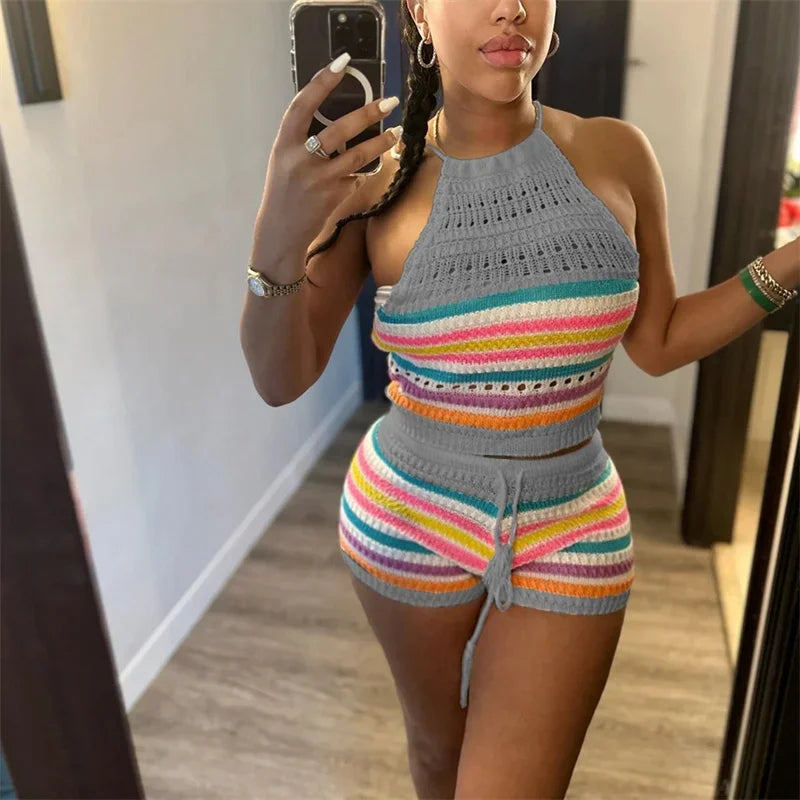 Women's Rainbow Striped Knitted Sleeveless Casual Two Piece Set