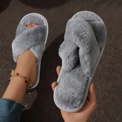 Women's Soft Plush Cross Strap Fur Slippers for Indoor Comfort