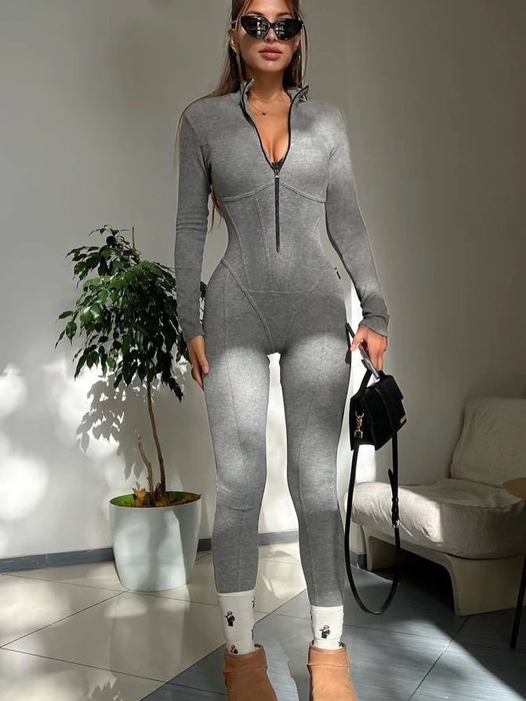 Women’s Patchwork Long Sleeve Zipper Pencil Jumpsuit Slim Fit Romper