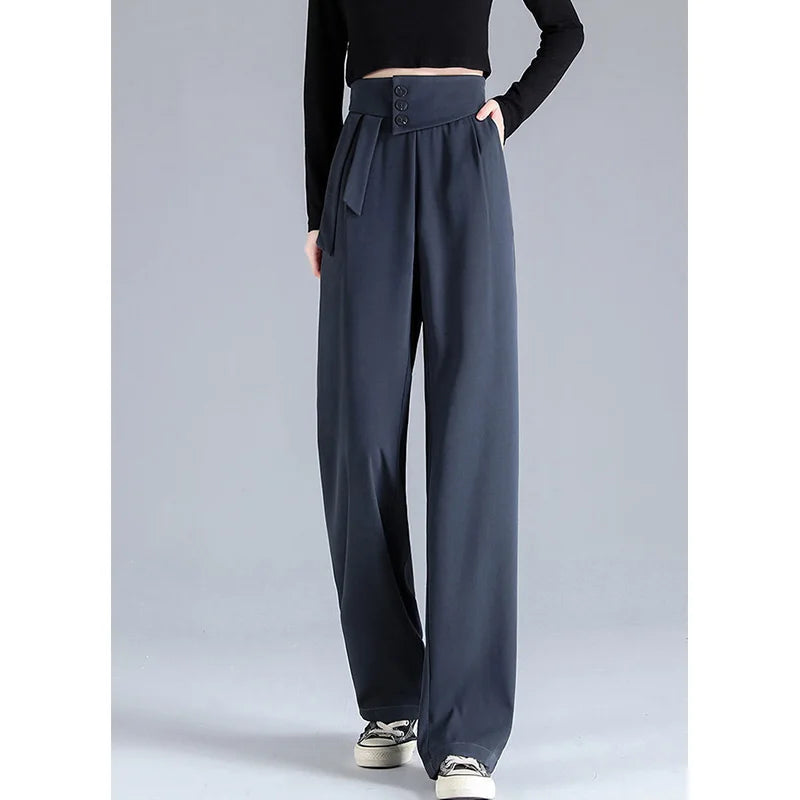 Office Lady Solid Color Loose High Waist Wide Leg Trousers