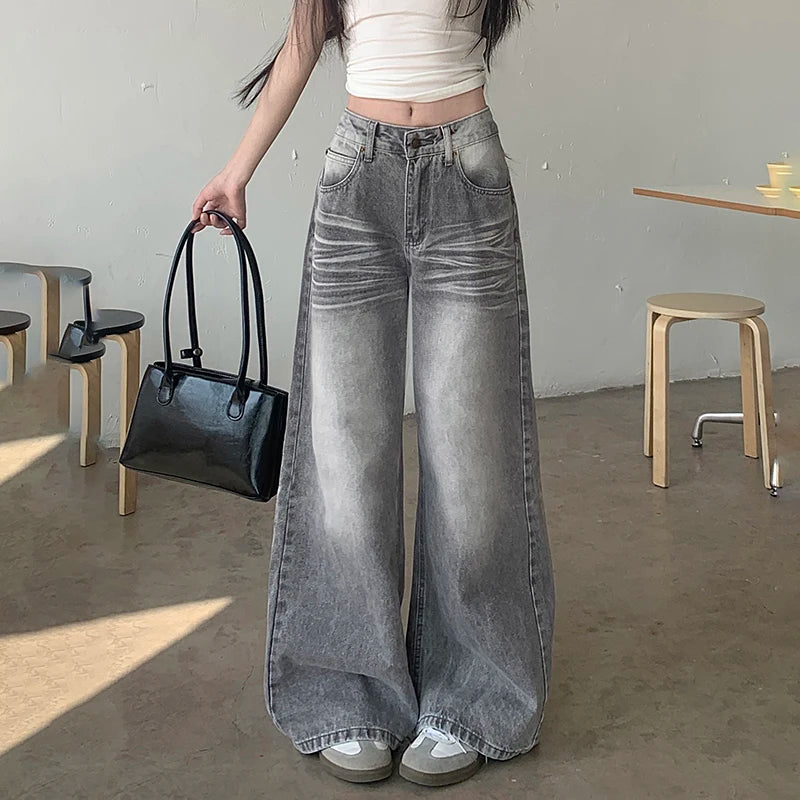 High Waist Washed Denim Wide Leg Jeans for Women