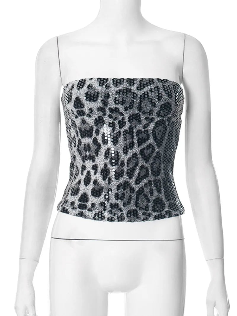 Chic Leopard Print Corset Crop Top with Sequins for Night Out