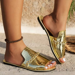 Women's Gold Chain Flat Slides Sandals for Summer Beach Wear