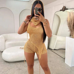 Gold Knitted Glitter Two Piece Set with Hooded Backless Top and Shorts